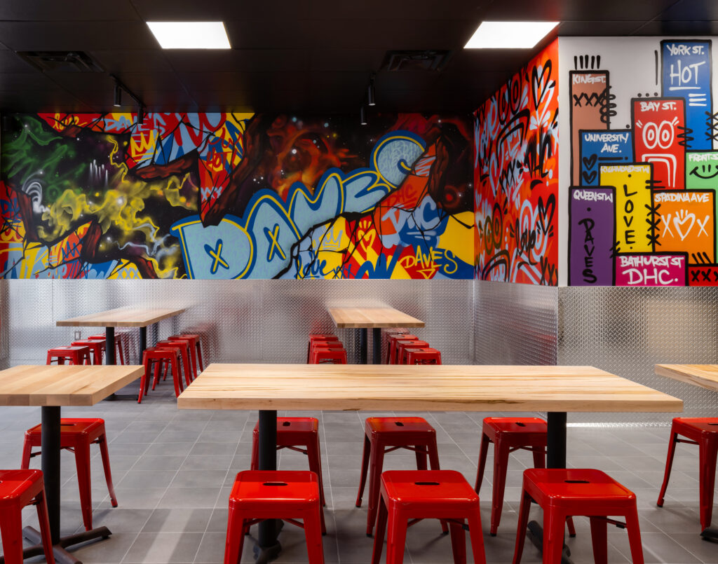 Interior shot of Dave's Hot Chicken location in Toronto, Canada